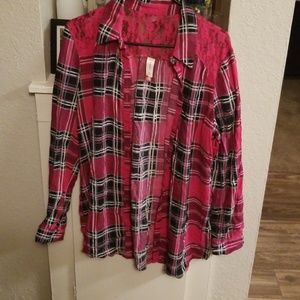 Plaid button down black/white and hot pink shirt